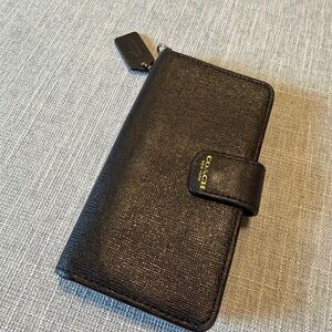 Coach Black Leather Long Wallet w/ Zip Coin Pocket & ID Window